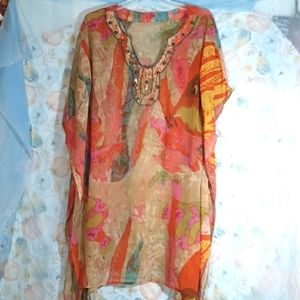 Lightweight Pull Over Orange Taupe Yellow Embellished Peasant Kimono Top